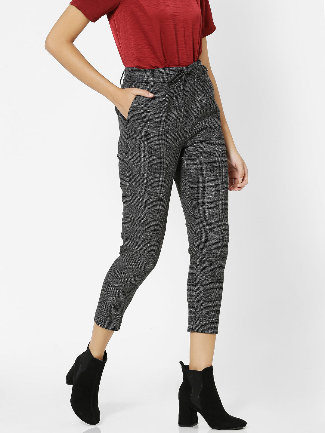 Black Mid Rise Check Pants