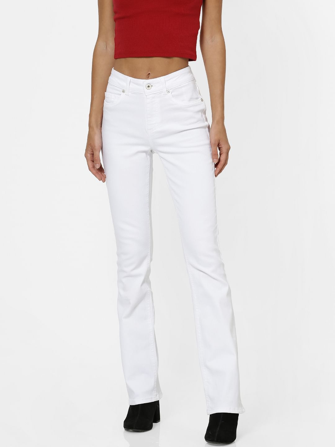 White Mid Rise Medium Flare Jeans