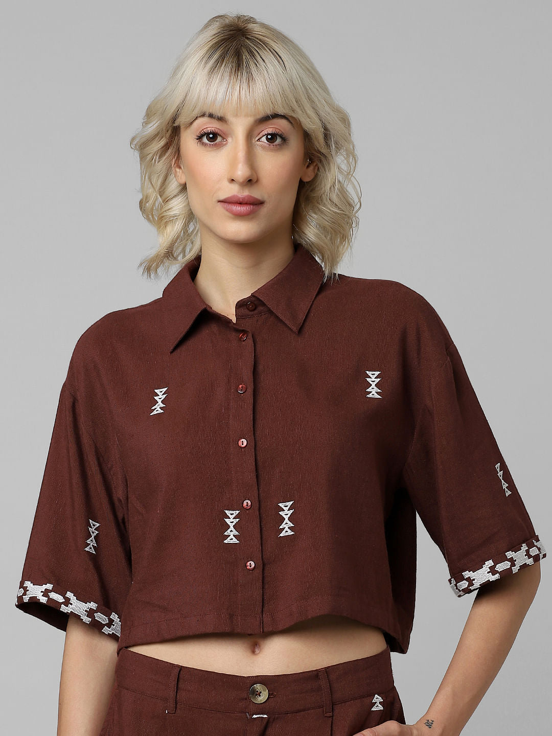 Brown Embroidered Crop Co-Ord Set Shirt
