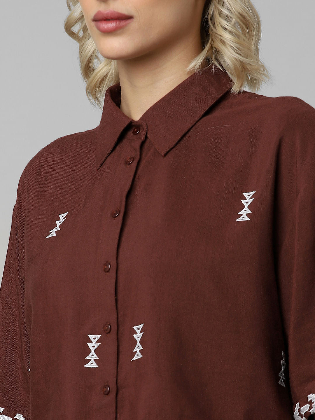 Brown Embroidered Crop Co-Ord Set Shirt