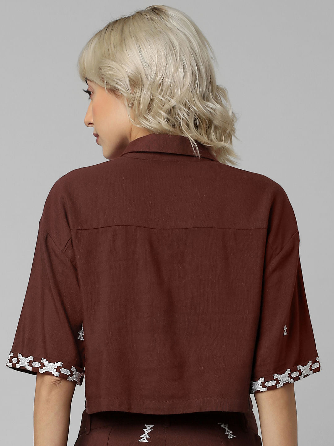 Brown Embroidered Crop Co-Ord Set Shirt