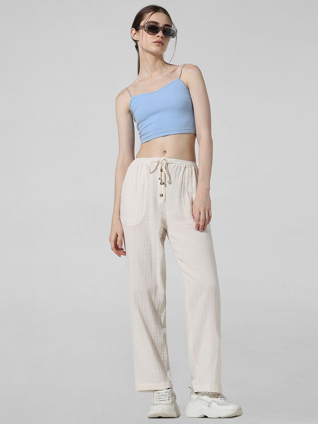 White Mid Rise Relaxed Fit Pants