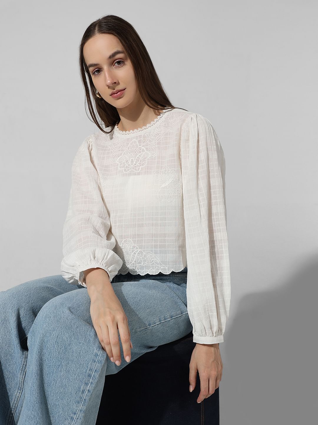 White Embroidered Textured Top