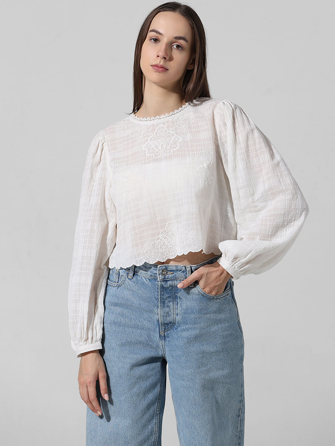 White Embroidered Textured Top