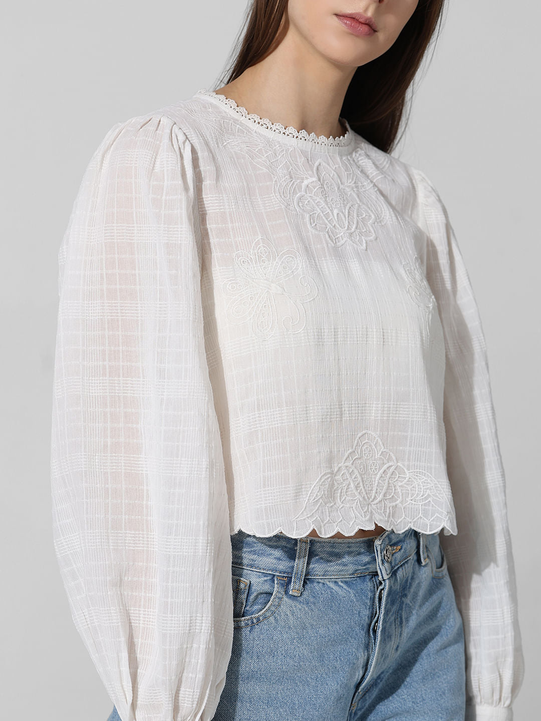 White Embroidered Textured Top