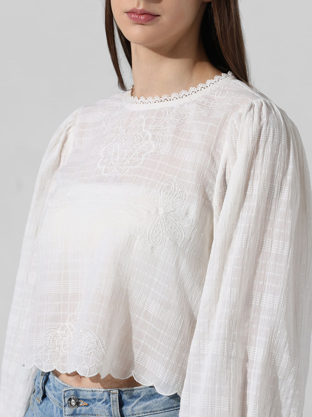 White Embroidered Textured Top