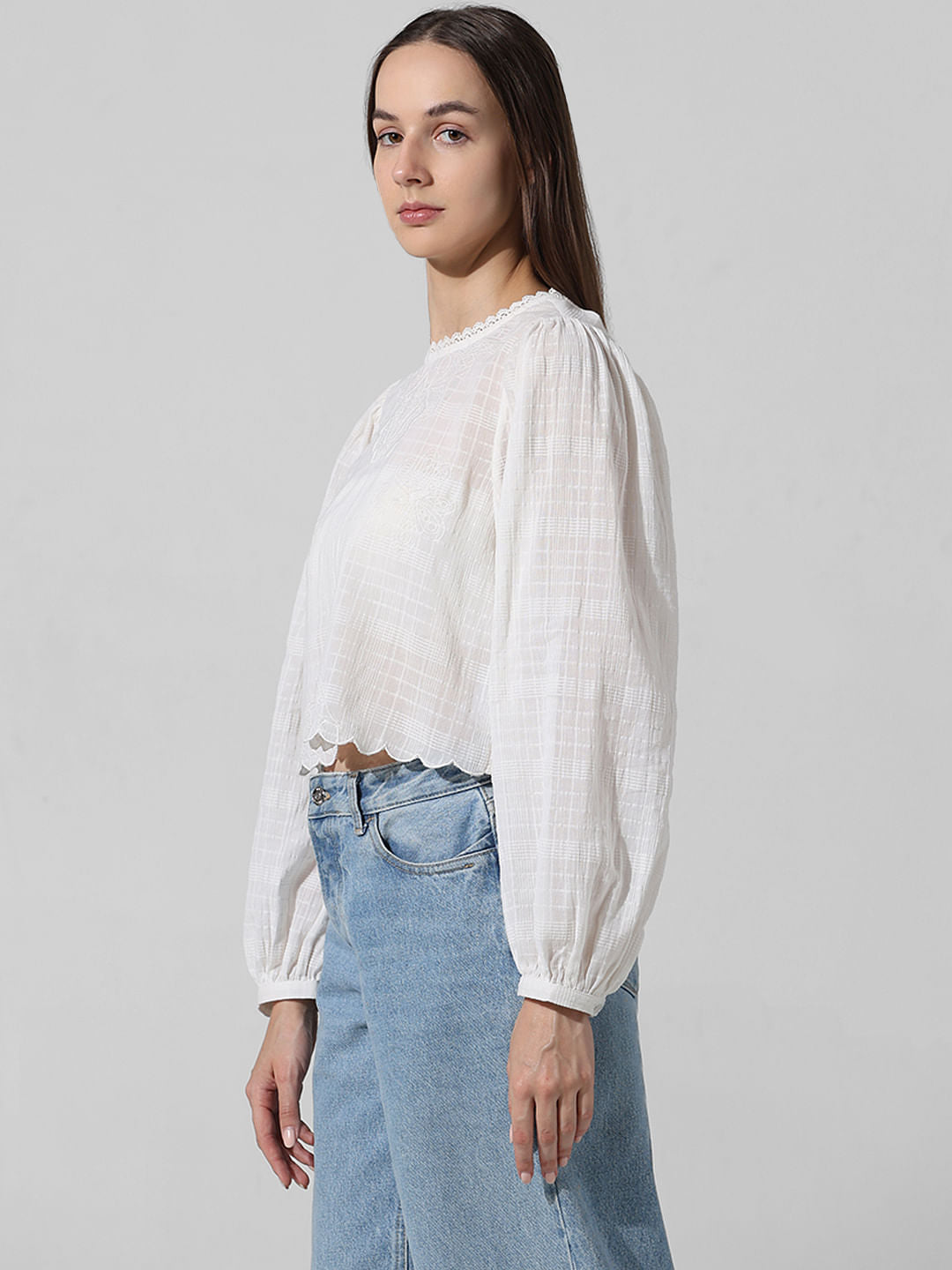 White Embroidered Textured Top