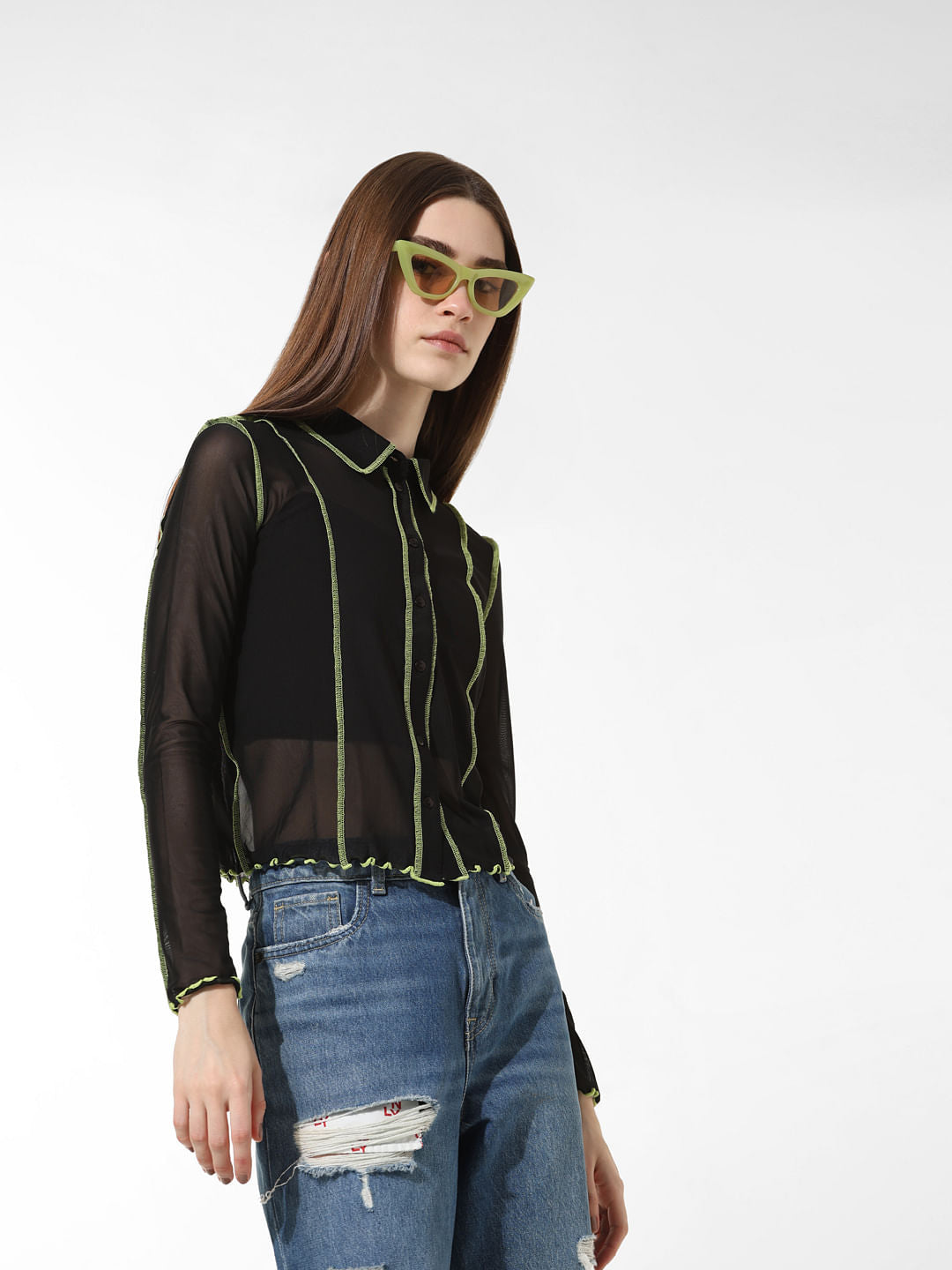 Black Contrast Tipping Mesh Shirt