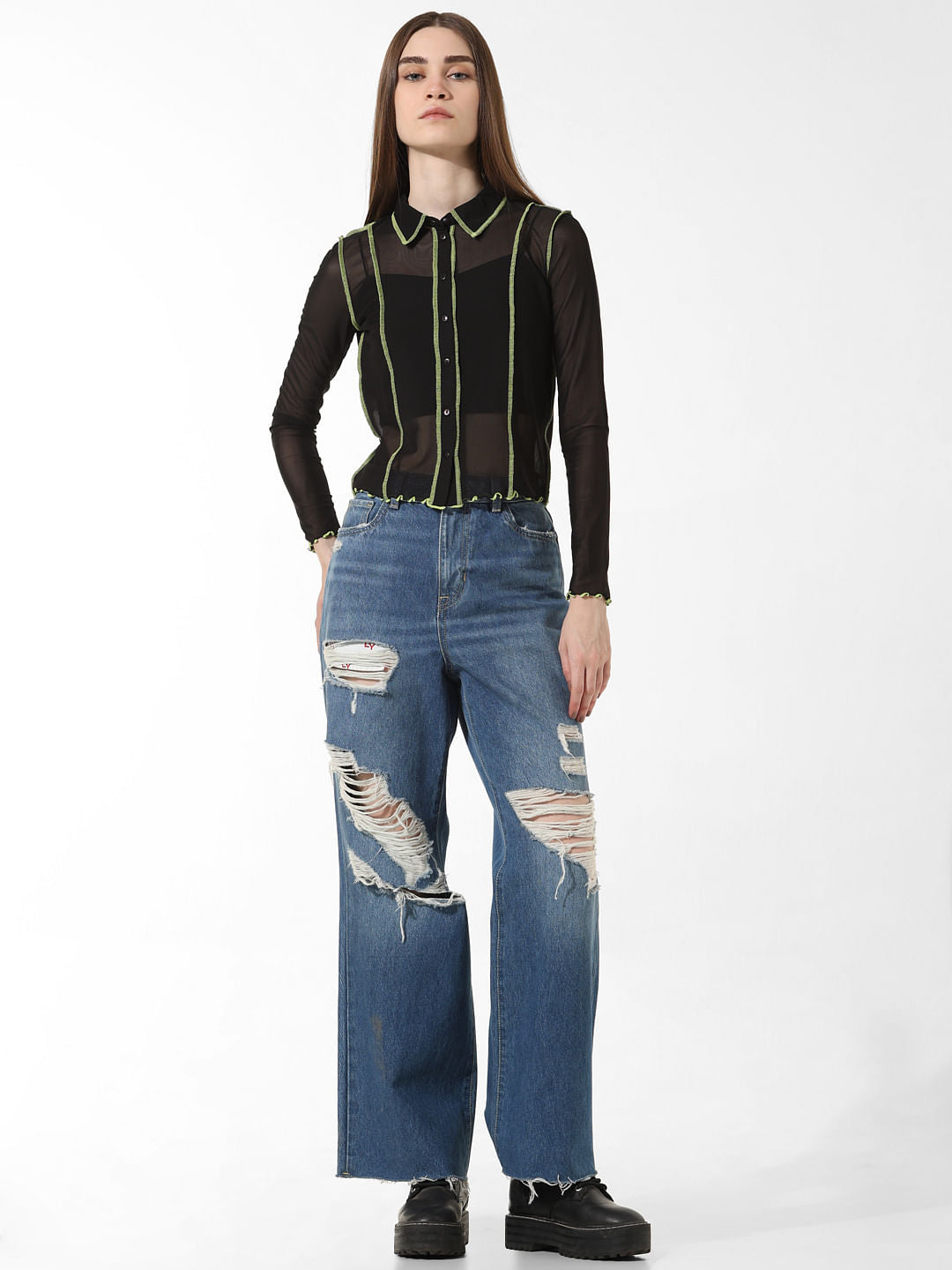 Black Contrast Tipping Mesh Shirt