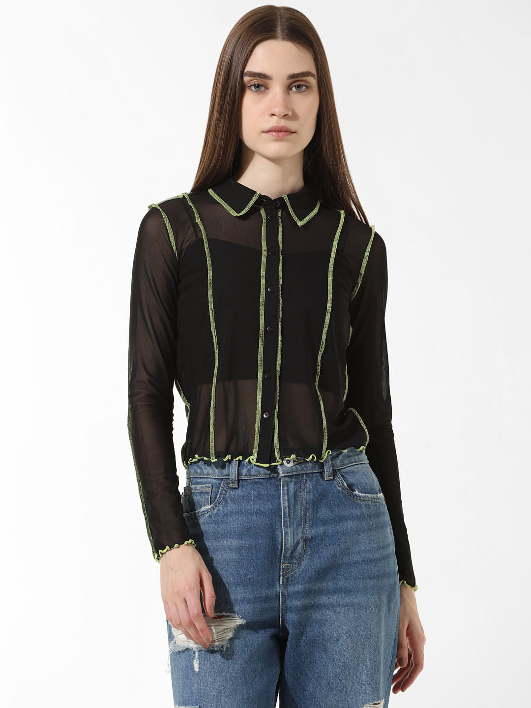 Black Contrast Tipping Mesh Shirt