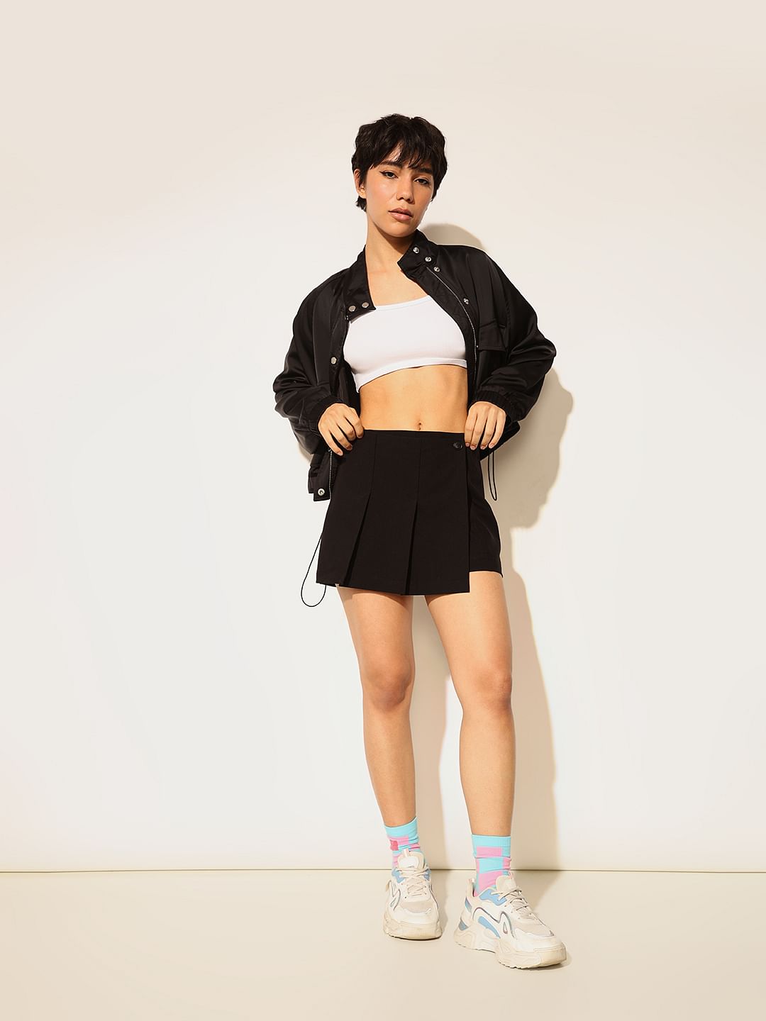 Black High Rise Pleated Skorts