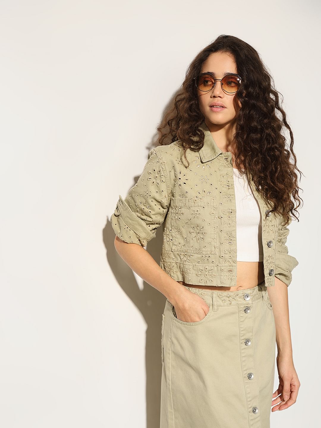 Beige Broderie Anglaise Cropped Jacket