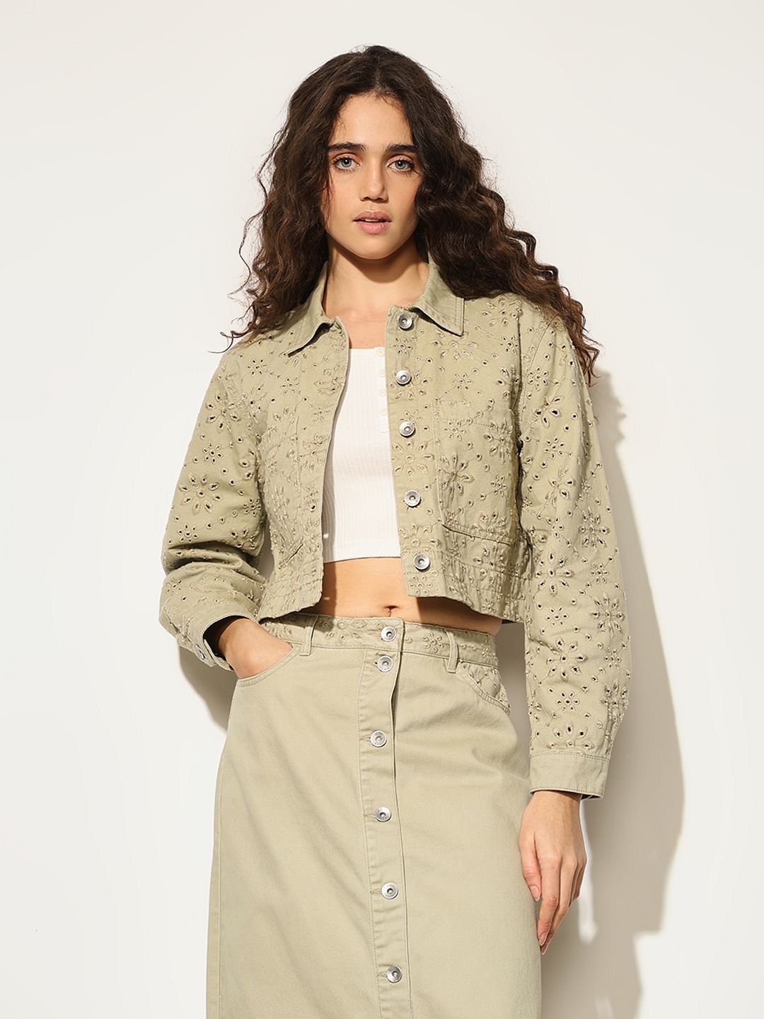 Beige Broderie Anglaise Cropped Jacket