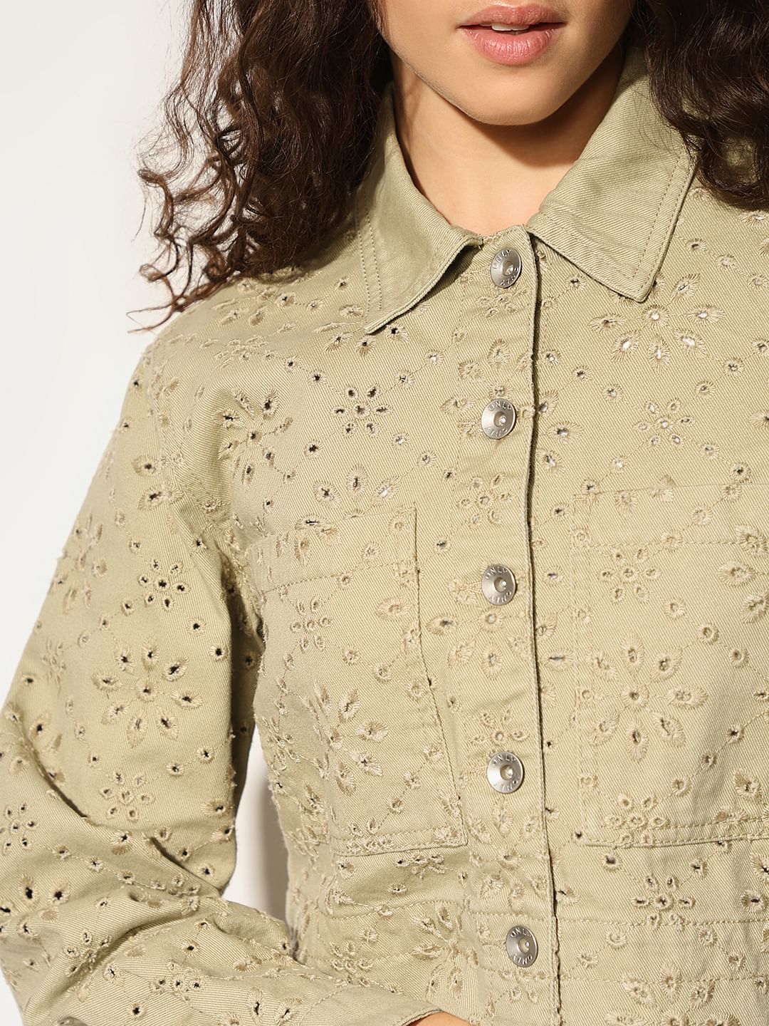 Beige Broderie Anglaise Cropped Jacket