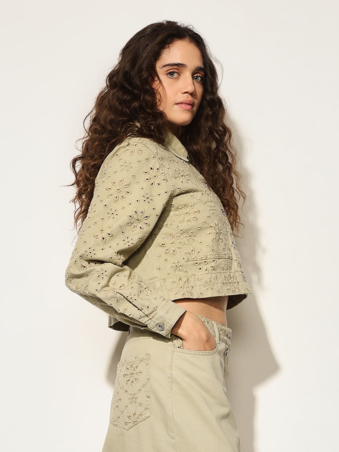 Beige Broderie Anglaise Cropped Jacket