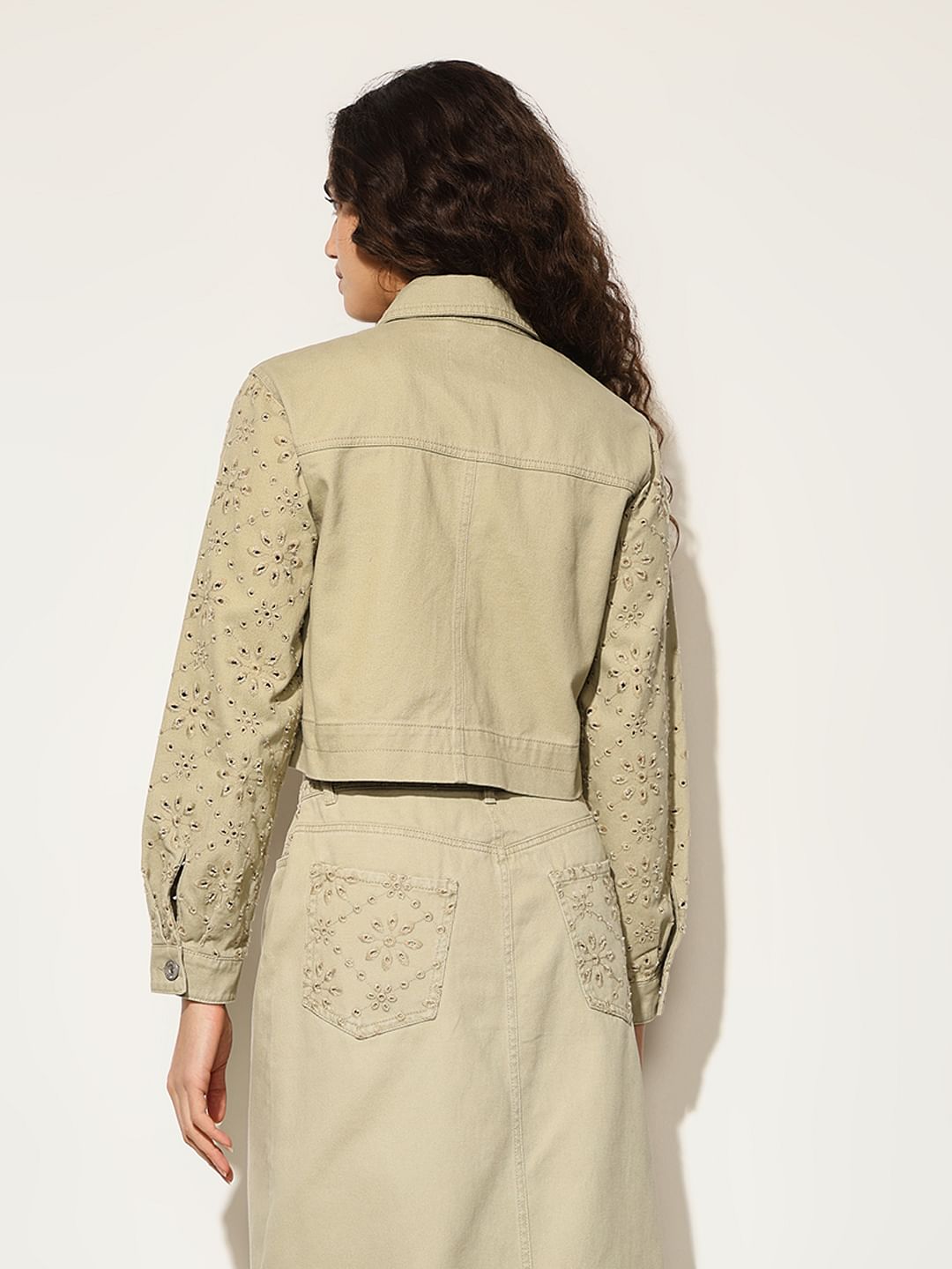Beige Broderie Anglaise Cropped Jacket