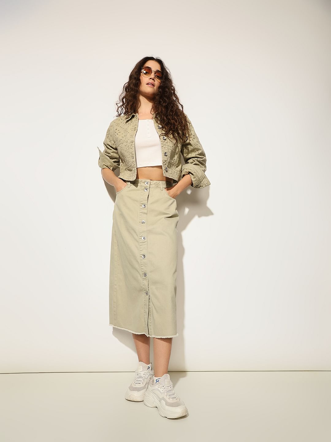 Long Denim Beige Denim Skirt Midi Split-Seam Denim Midi-Skirt In Cream