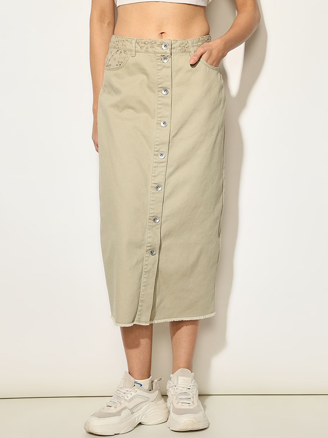 Beige Broderie Anglaise Midi Skirt
