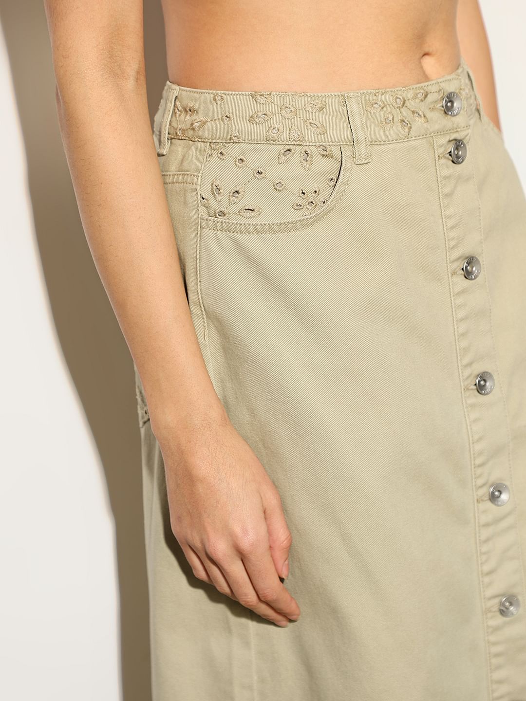 Beige Broderie Anglaise Midi Skirt