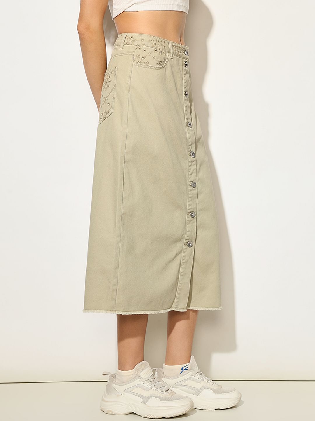Beige Broderie Anglaise Midi Skirt