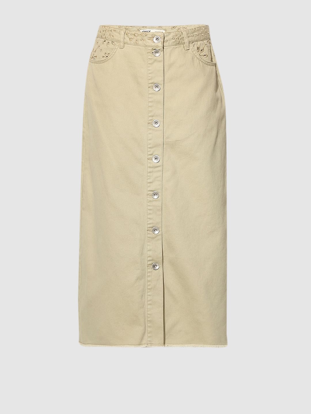 Beige Broderie Anglaise Midi Skirt
