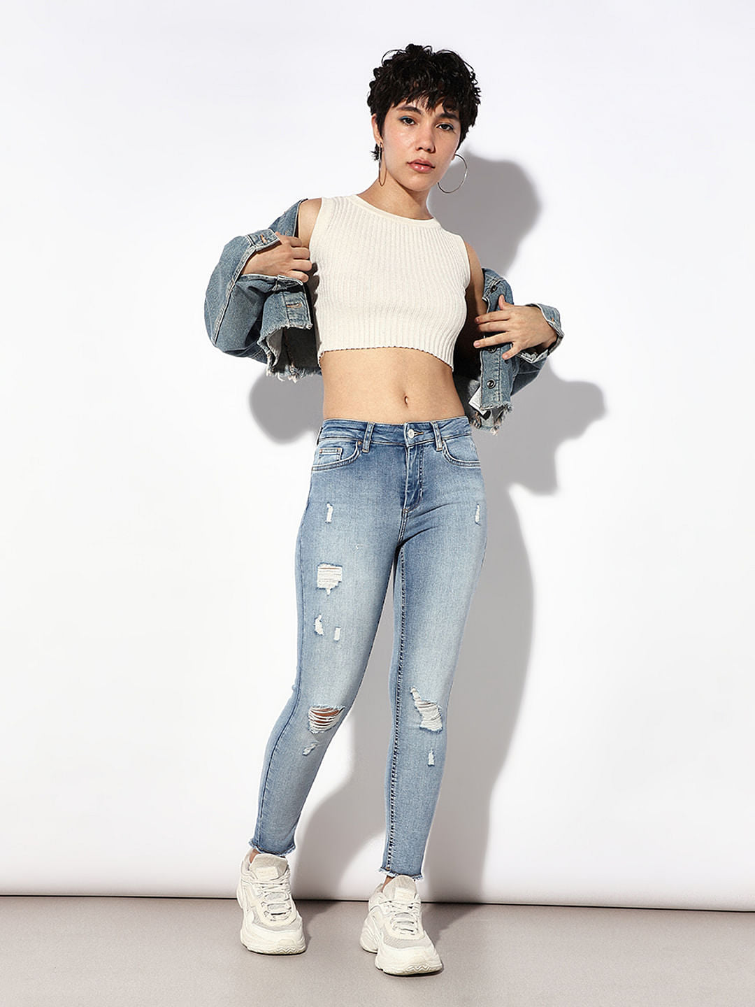 Light Blue Mid Rise Distressed Skinny Jeans