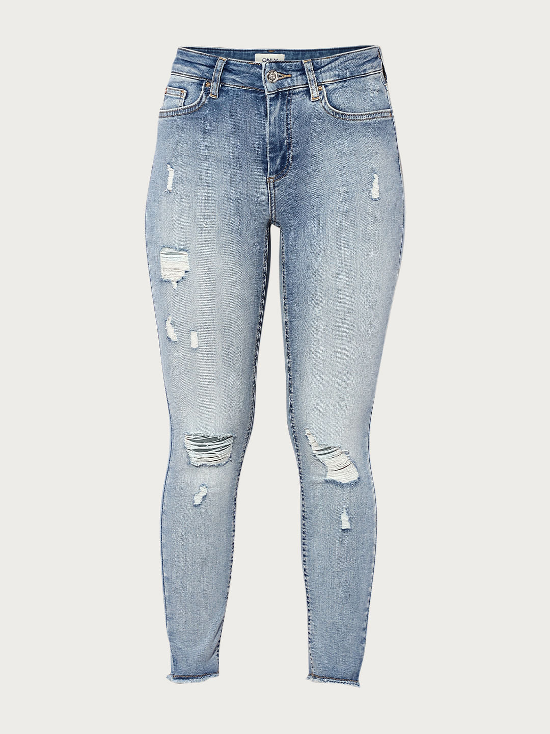 Light Blue Mid Rise Distressed Skinny Jeans