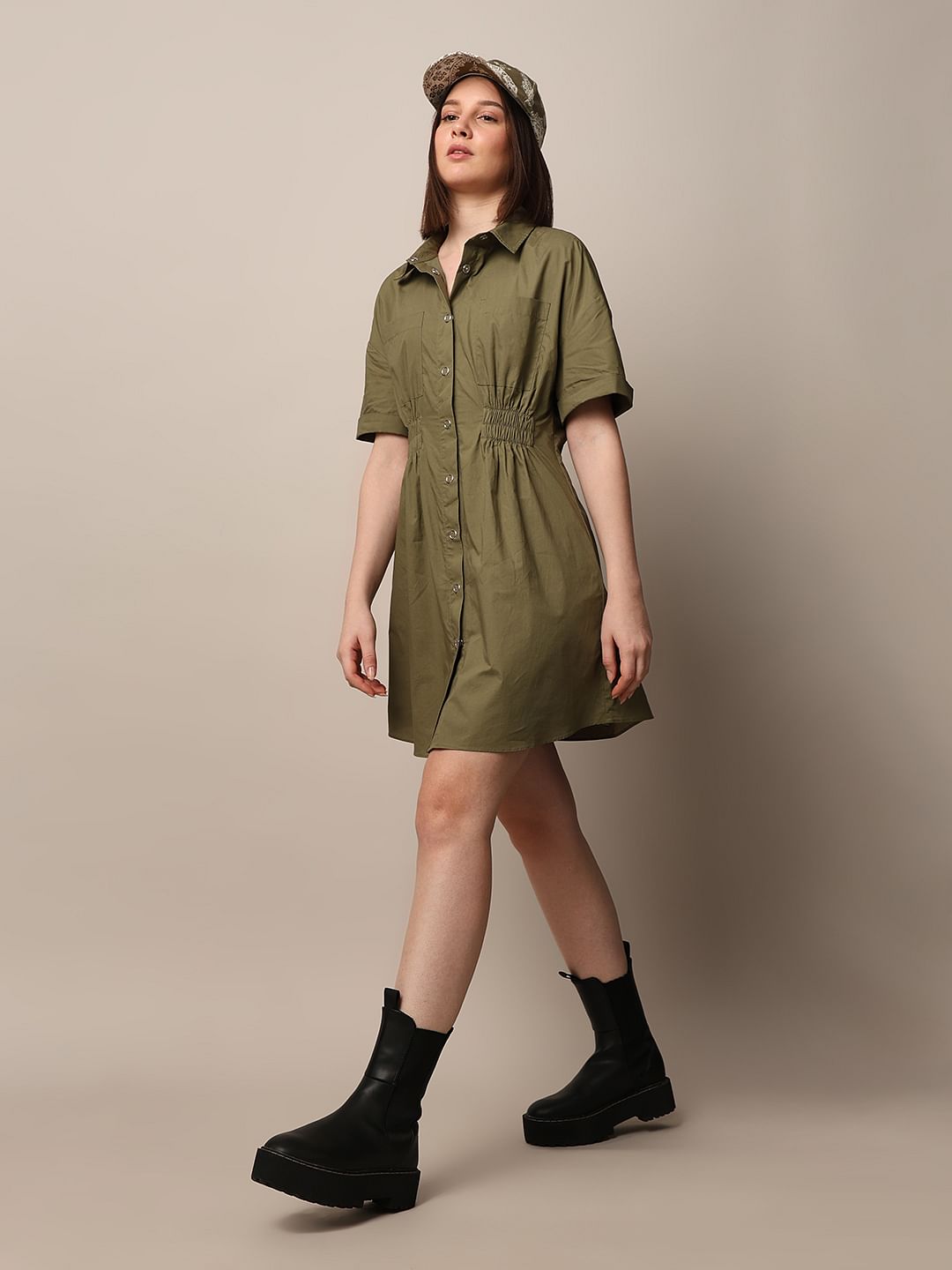 Green Gathered Cotton Shirt Dress