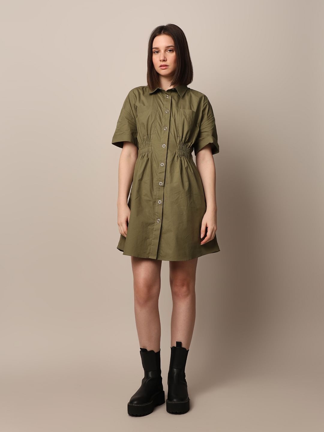 Green Gathered Cotton Shirt Dress