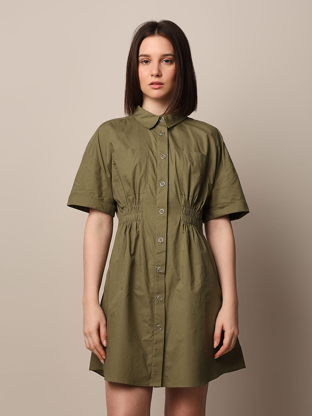 Green Gathered Cotton Shirt Dress