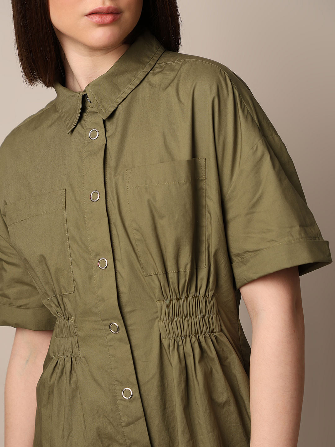 Green Gathered Cotton Shirt Dress