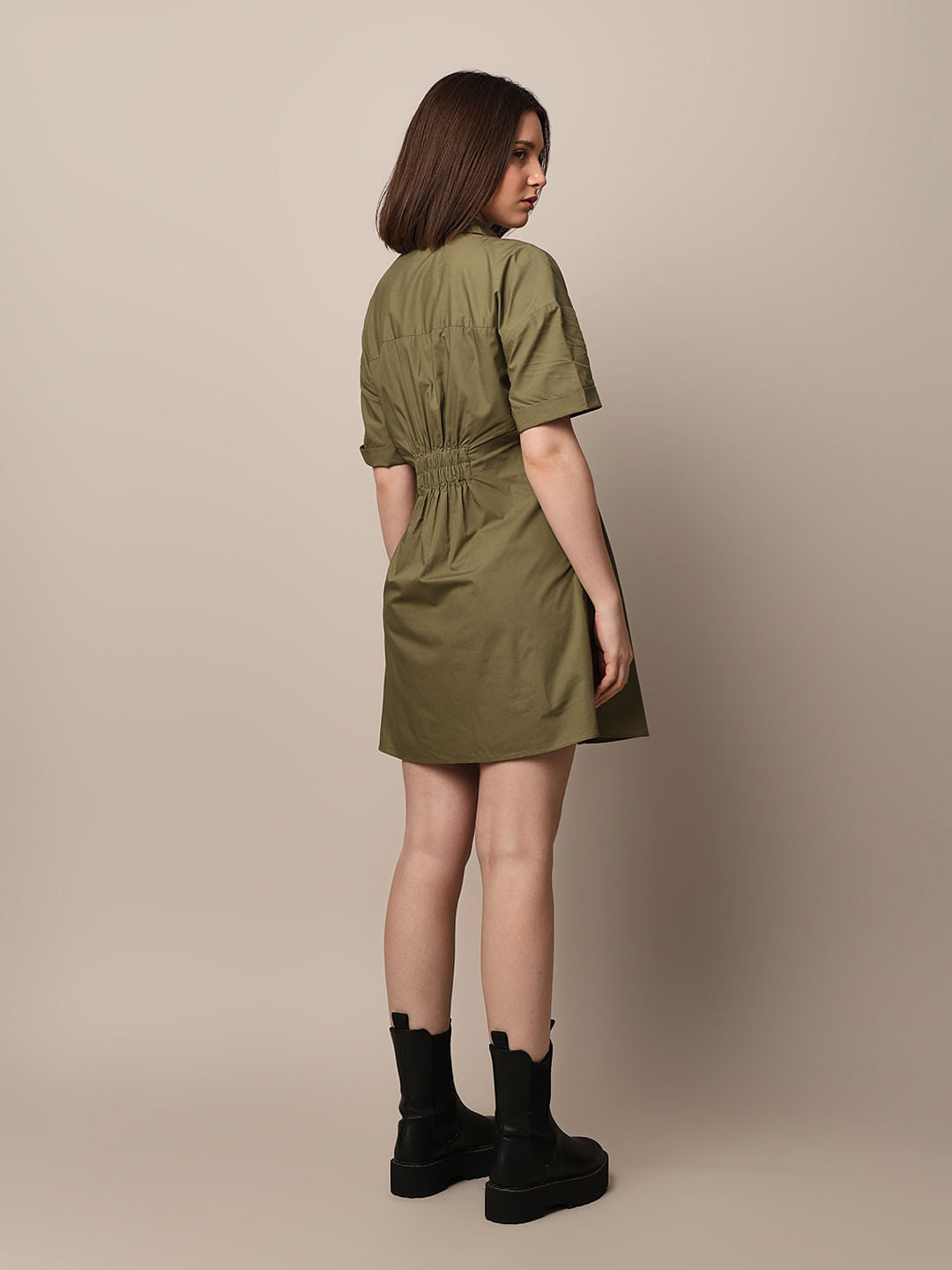 Green Gathered Cotton Shirt Dress