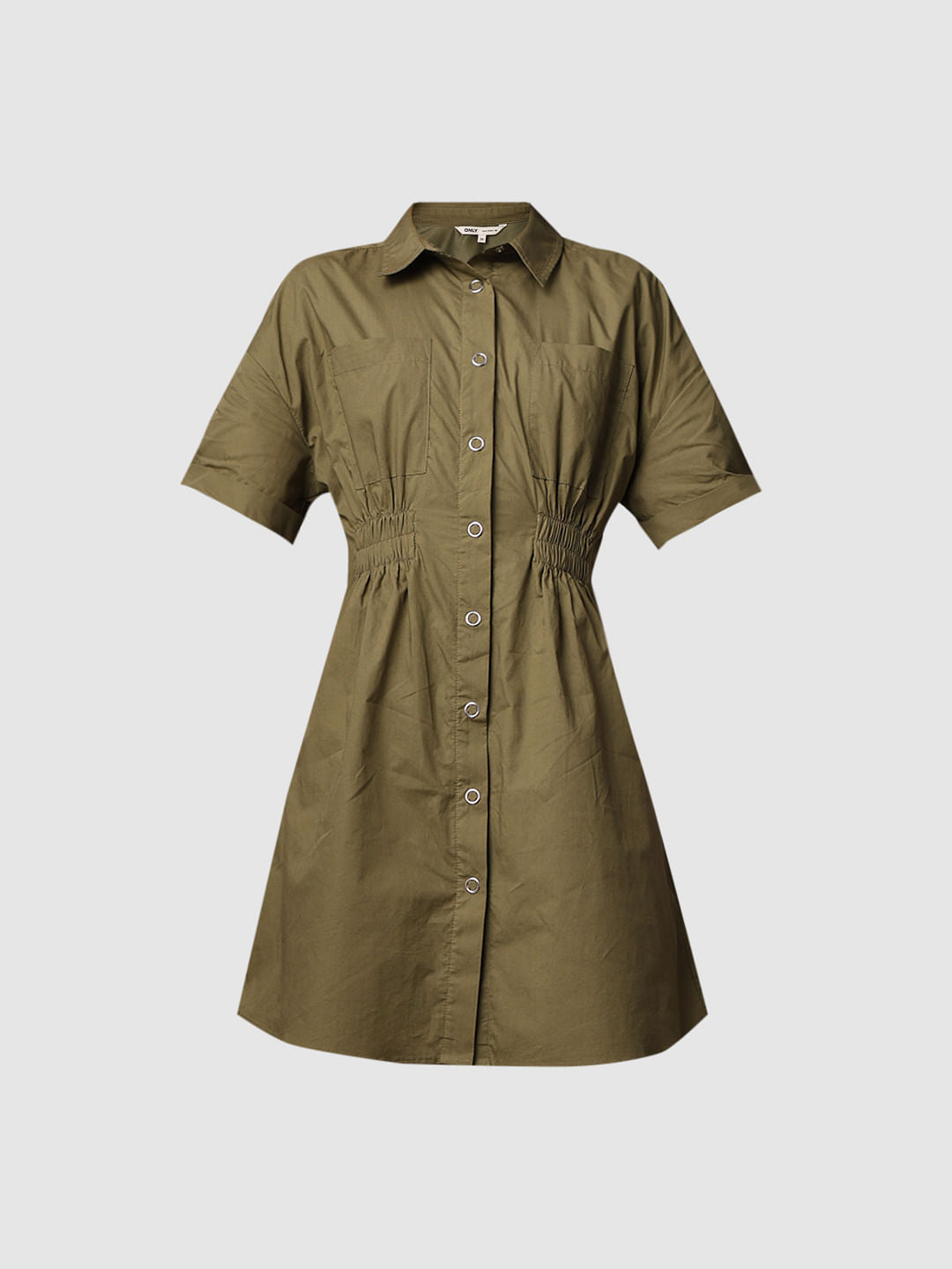 Green Gathered Cotton Shirt Dress