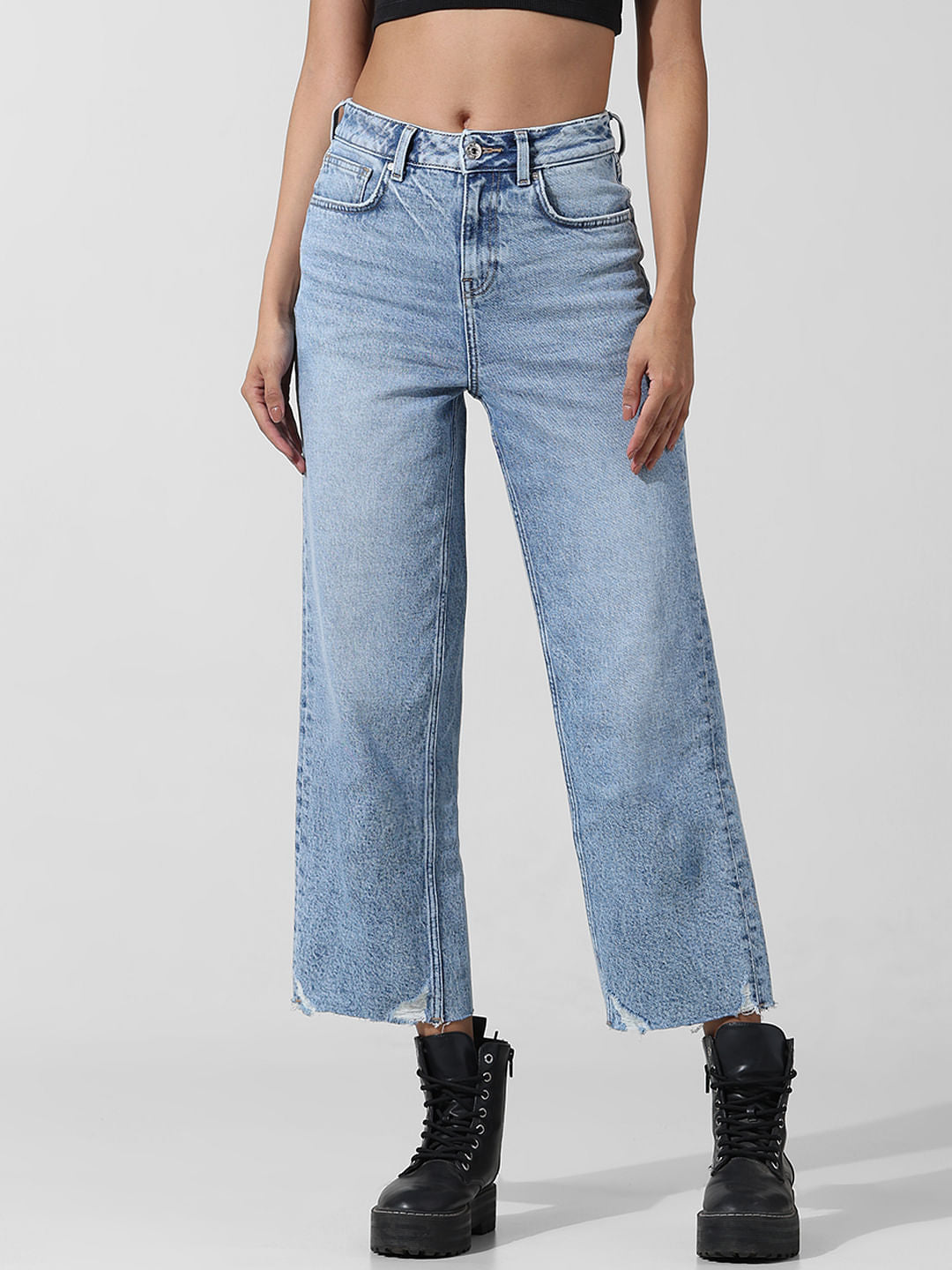 Blue High Rise Raw Edge Straight Fit Jeans