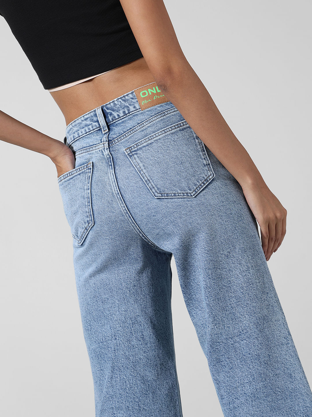 Blue High Rise Raw Edge Straight Fit Jeans