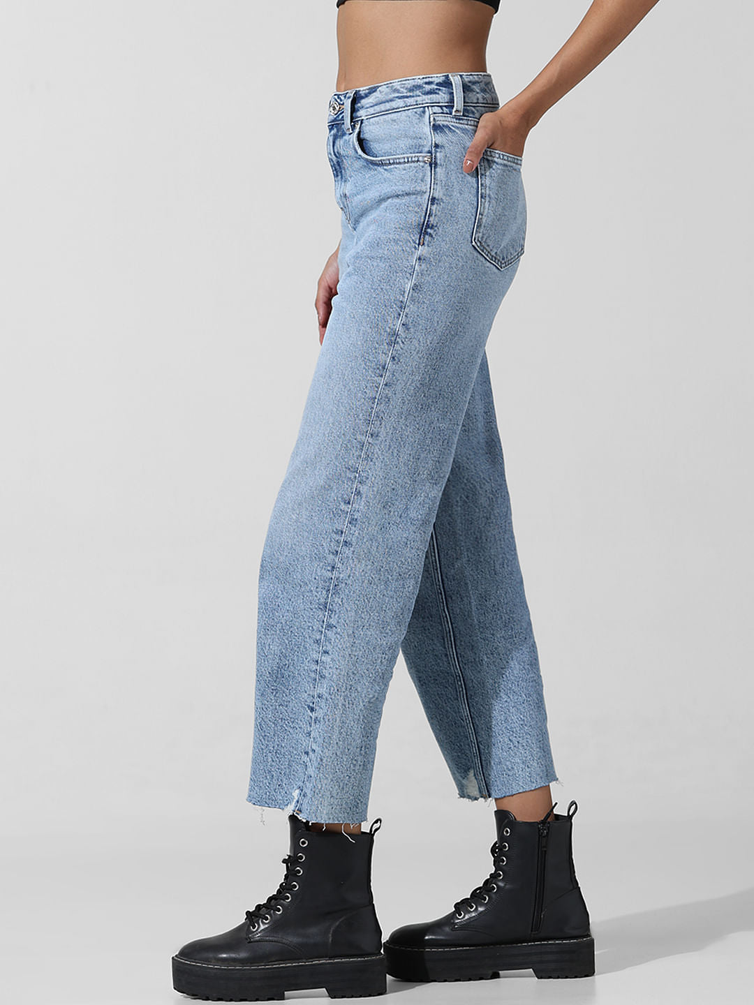 Blue High Rise Raw Edge Straight Fit Jeans