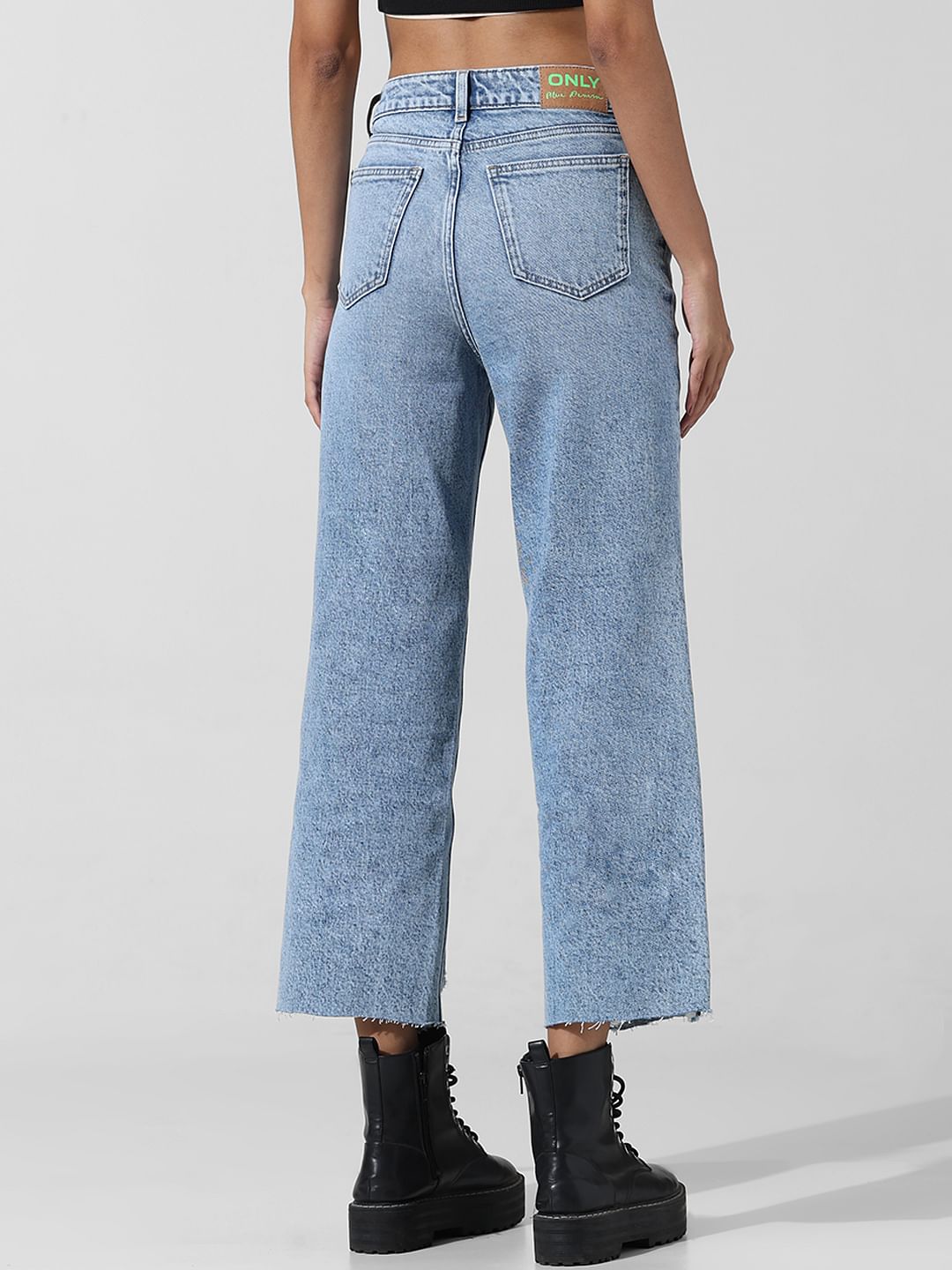 Blue High Rise Raw Edge Straight Fit Jeans