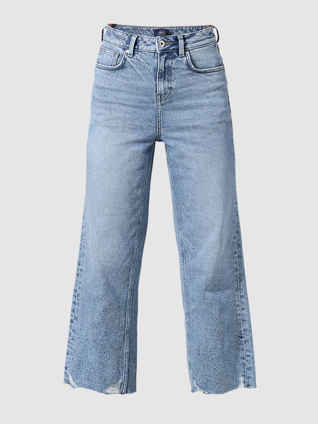 Blue High Rise Raw Edge Straight Fit Jeans