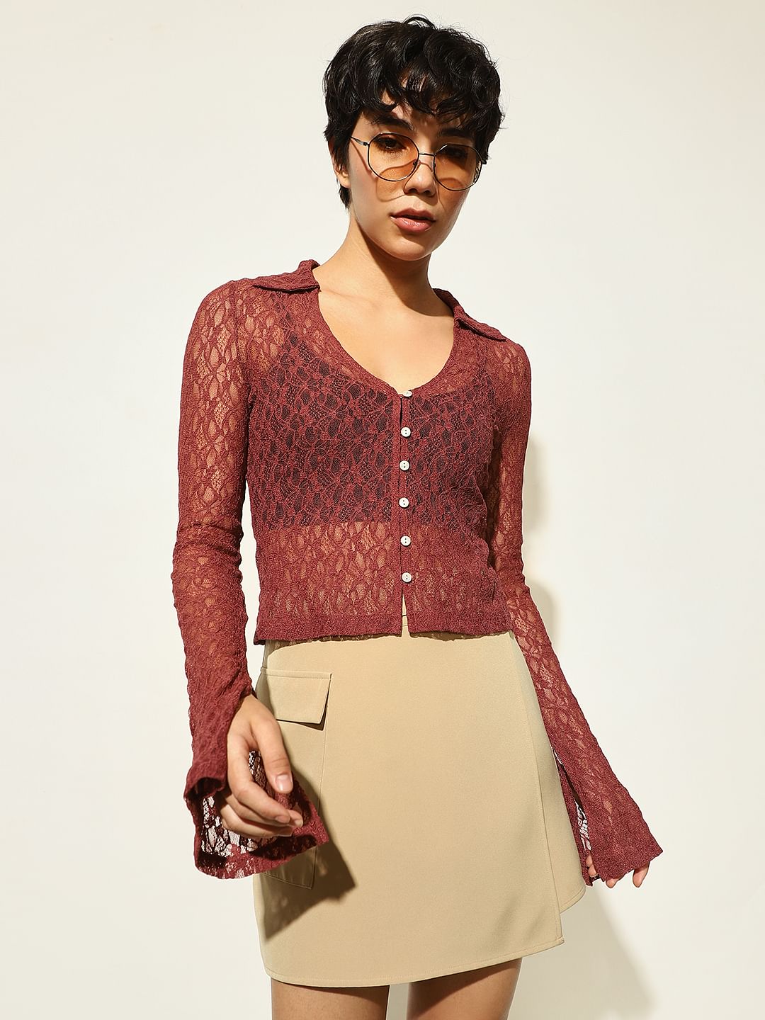 Brown Semi-Sheer Lace Top