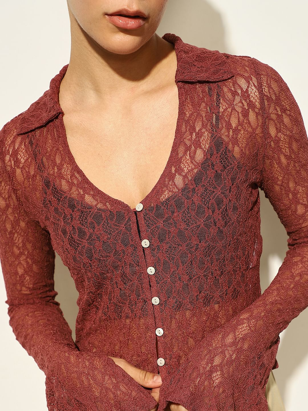 Brown Semi-Sheer Lace Top