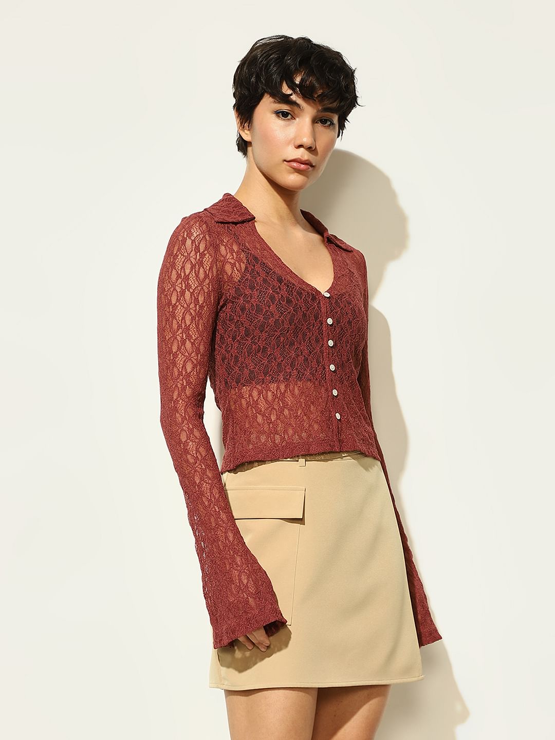 Brown Semi-Sheer Lace Top