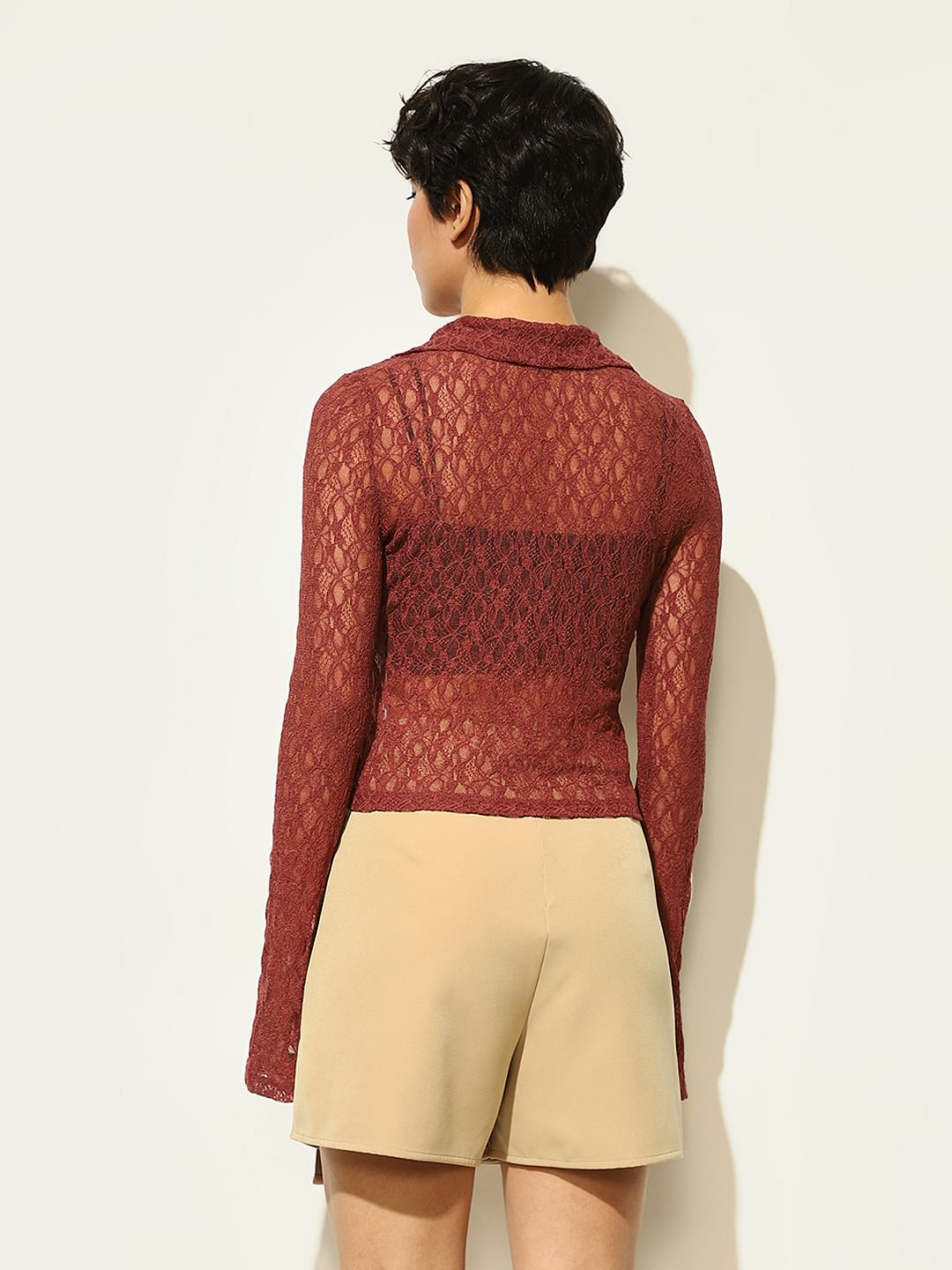 Brown Semi-Sheer Lace Top