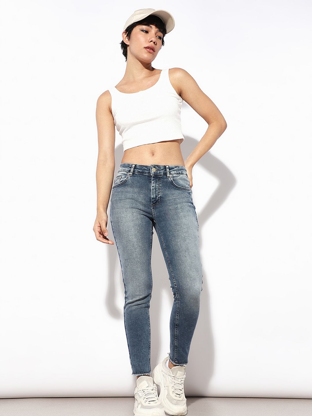Blue Mid Rise Raw Edge Skinny Jeans