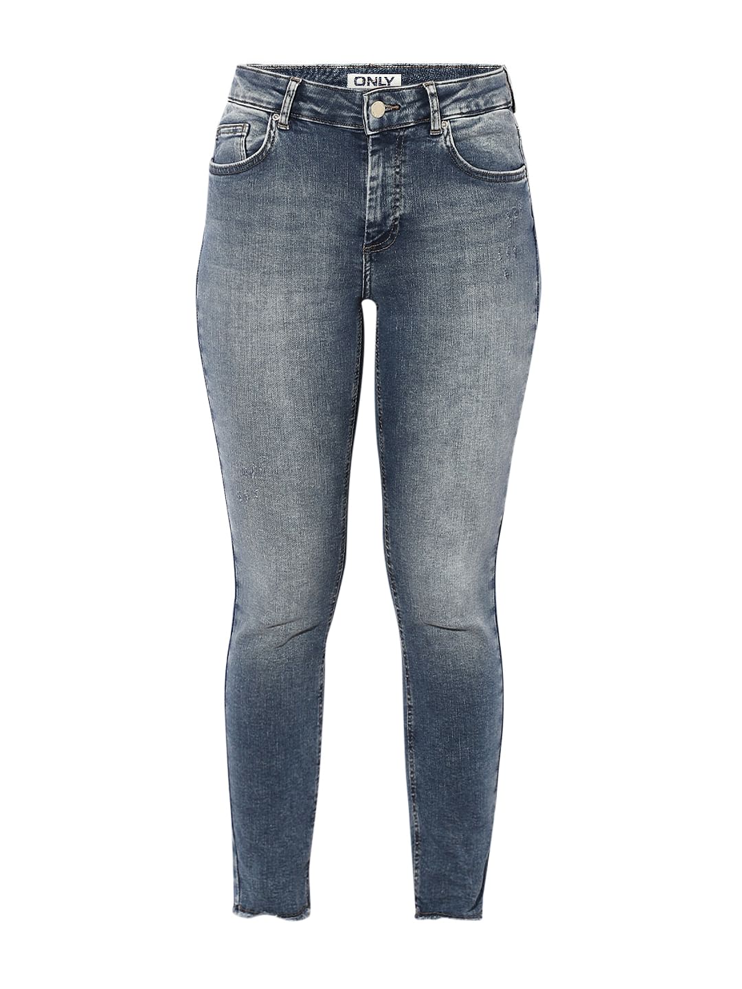 Blue Mid Rise Raw Edge Skinny Jeans