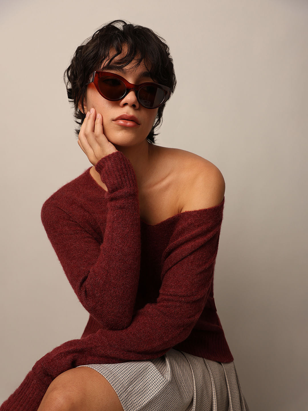 Burgundy Fuzzy V-Neck Pullover
