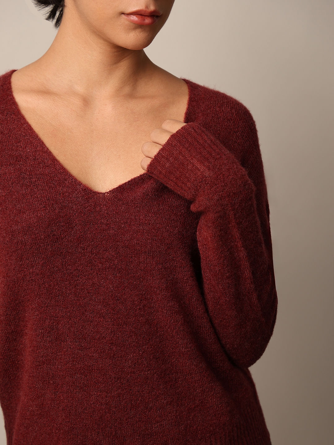 Burgundy Fuzzy V-Neck Pullover