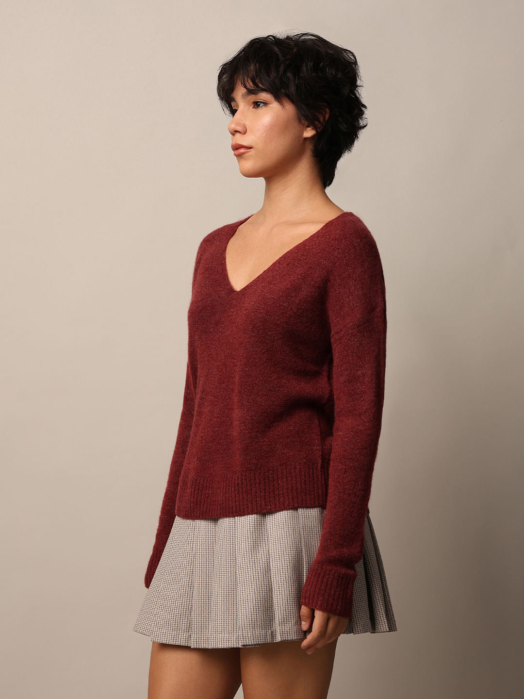 Burgundy Fuzzy V-Neck Pullover