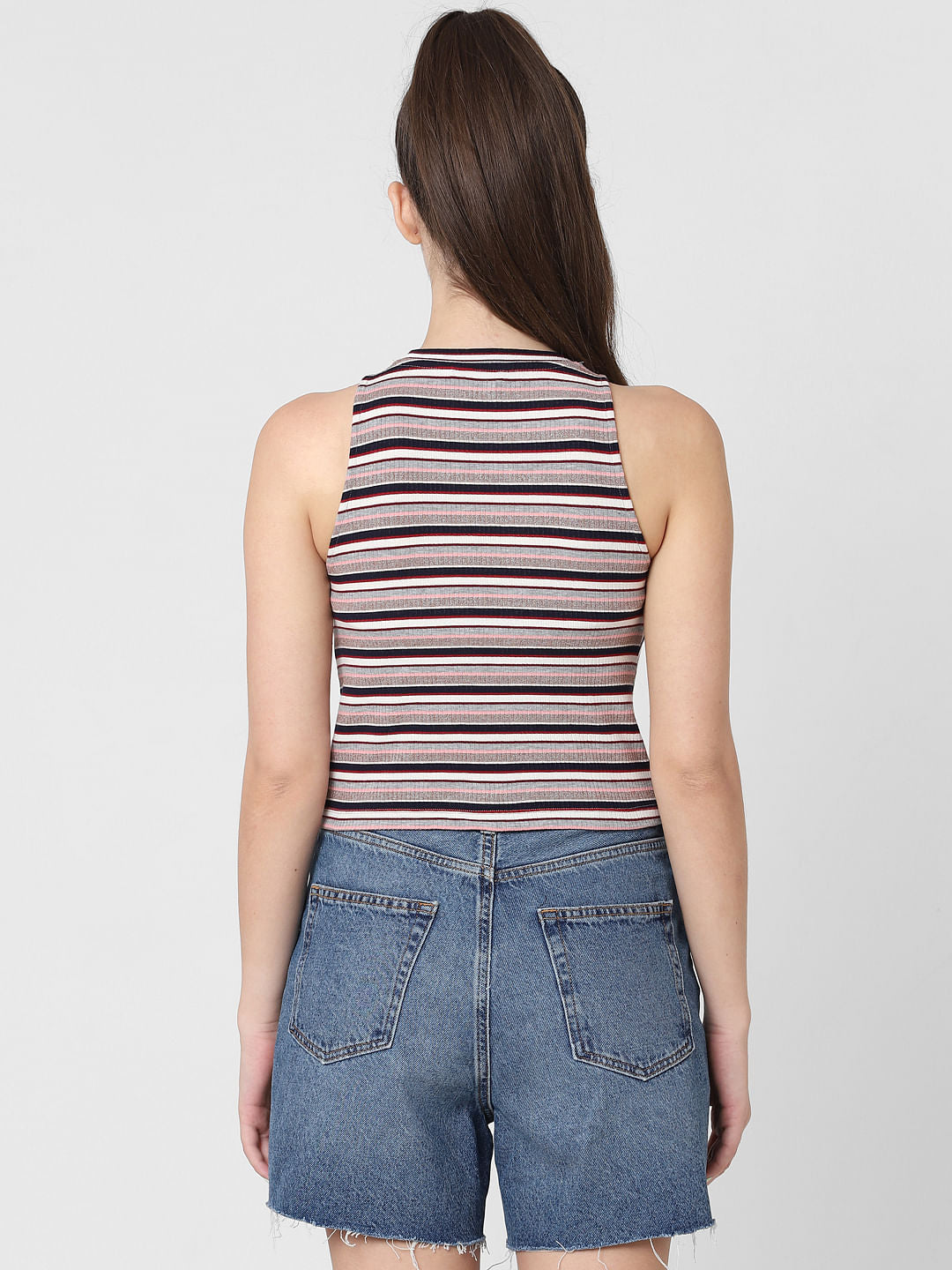 White & Blue Striped Tie Up Top