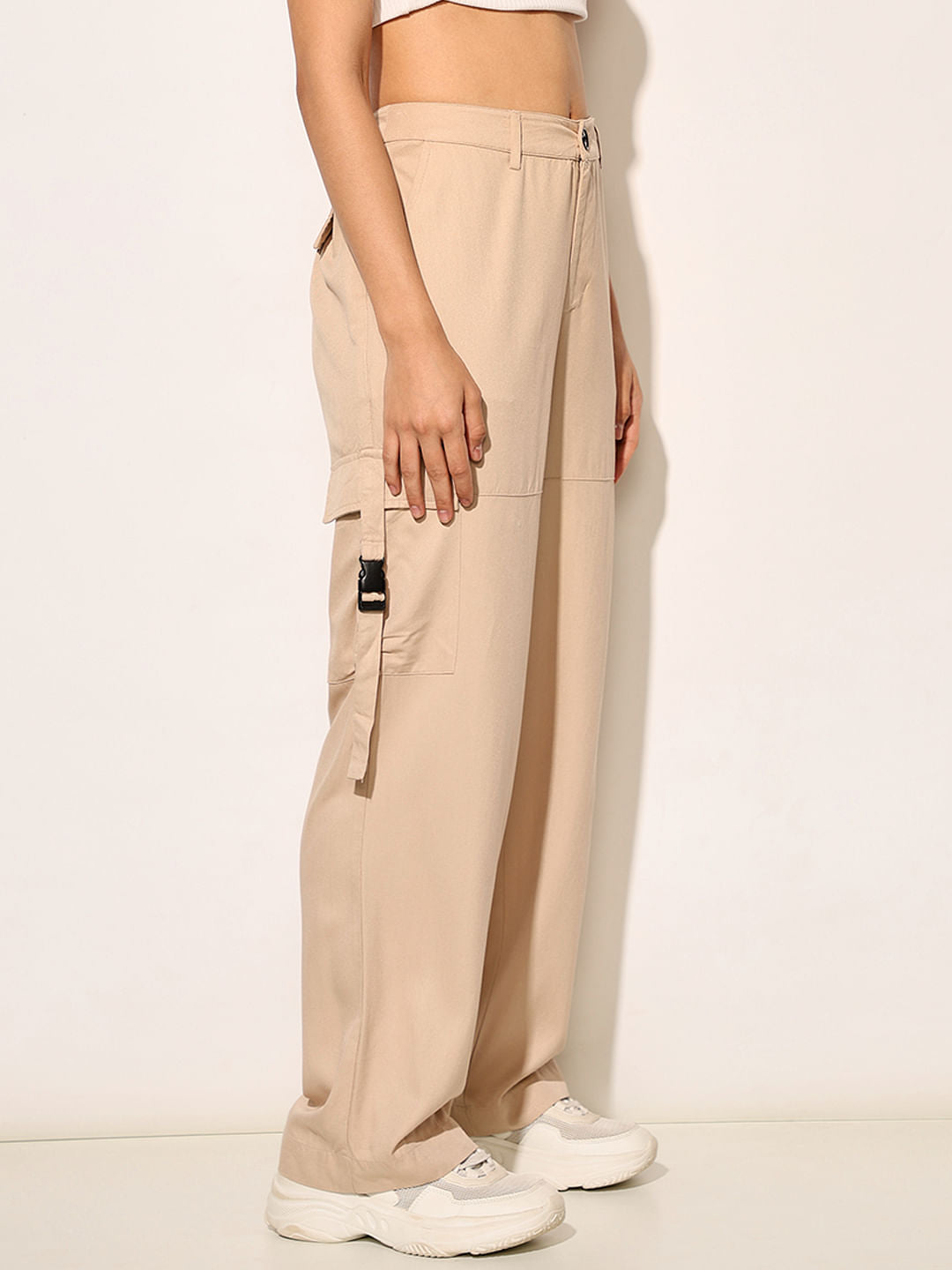 Beige High Rise Twill Cargo Pants