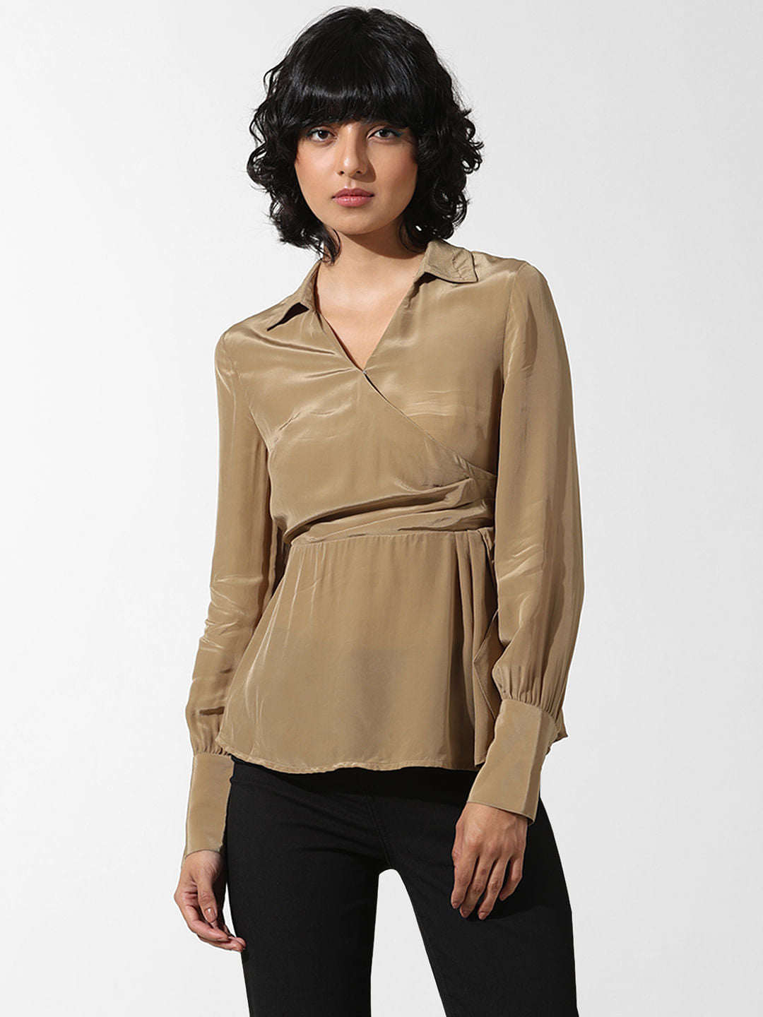 Olive-Beige Mock Wrap Shirt